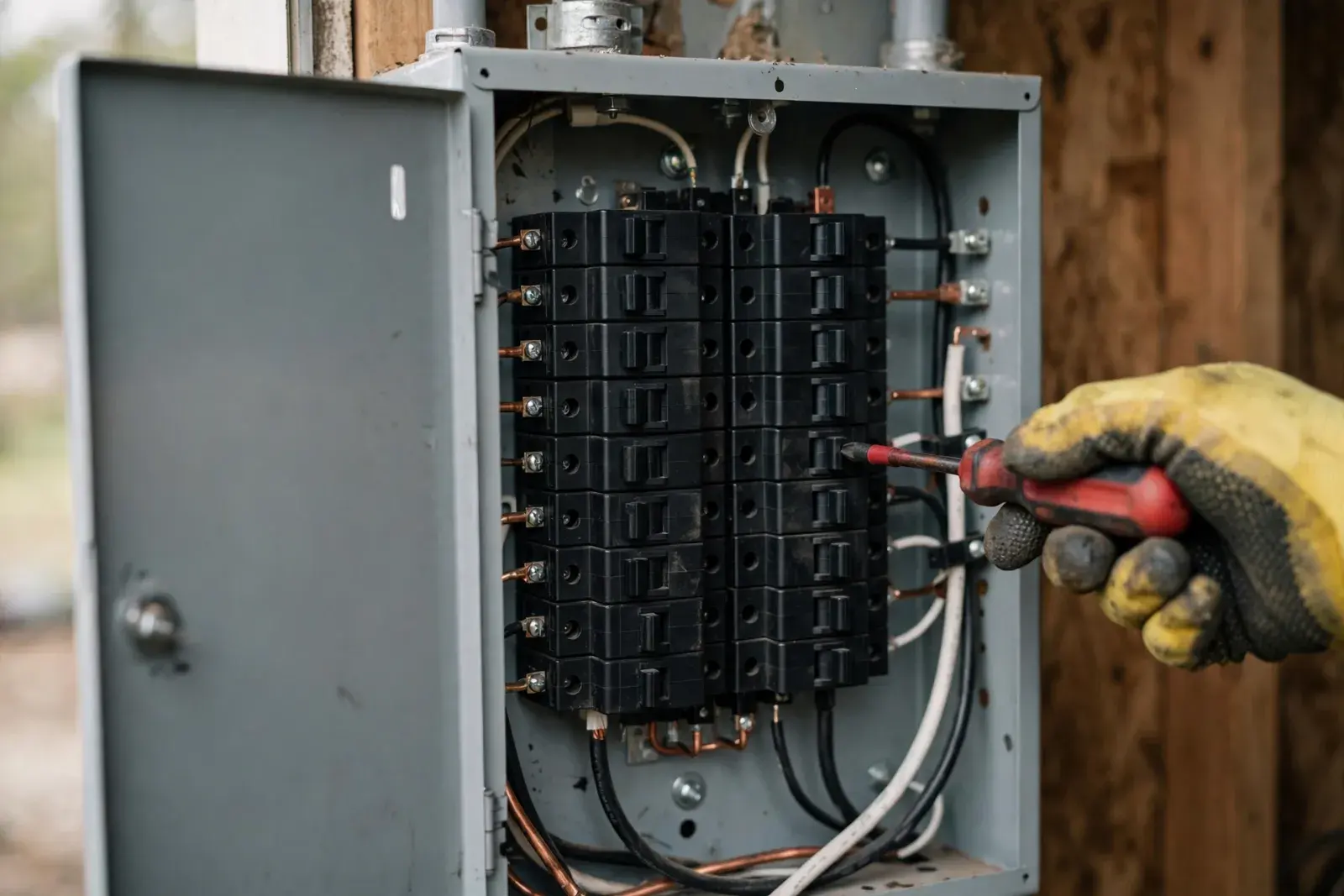 Gloved hand with an insulated screwdriver at a row of black breakers in an open gray panel