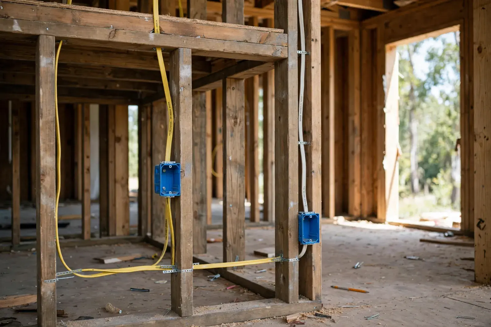 Yellow and white electrical cable run along open wall studs with blue boxes mounted