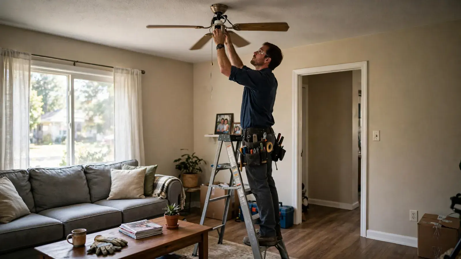 Electrician on a stepladder working on a ceiling fan in a living room