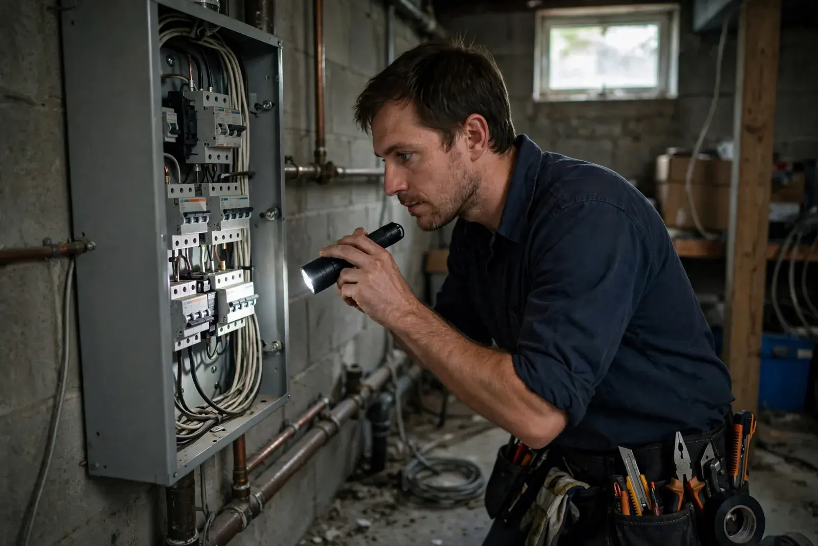 Electrician shining a flashlight into an open panel in a basement