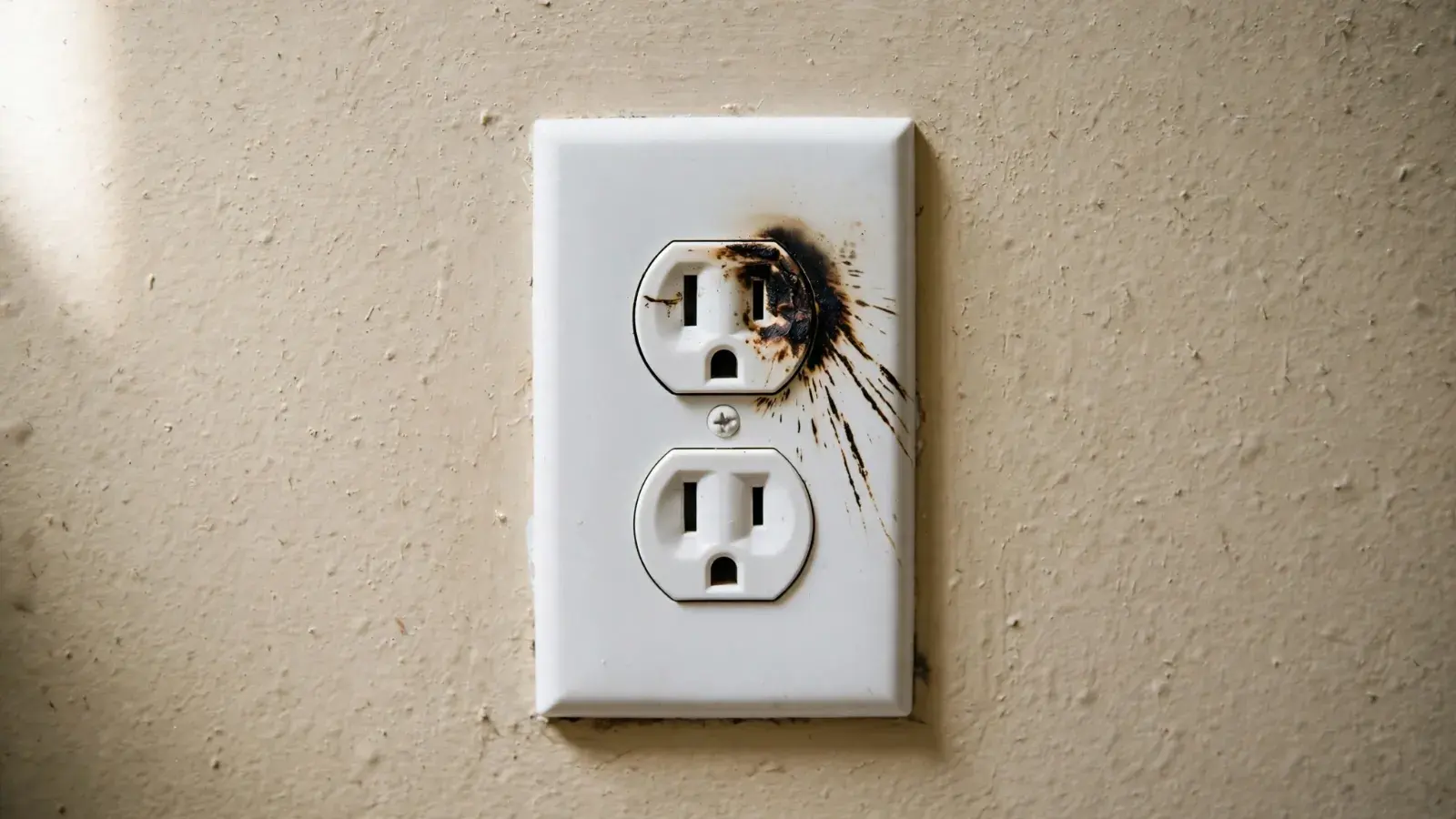 White wall outlet with dark scorch marks around its upper slots