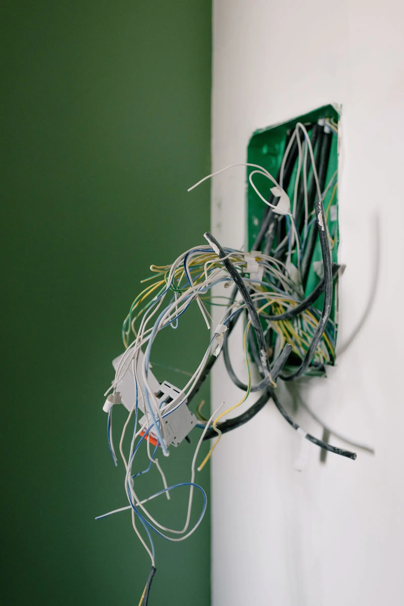 Thick bundle of small cables hanging out of an open wall box