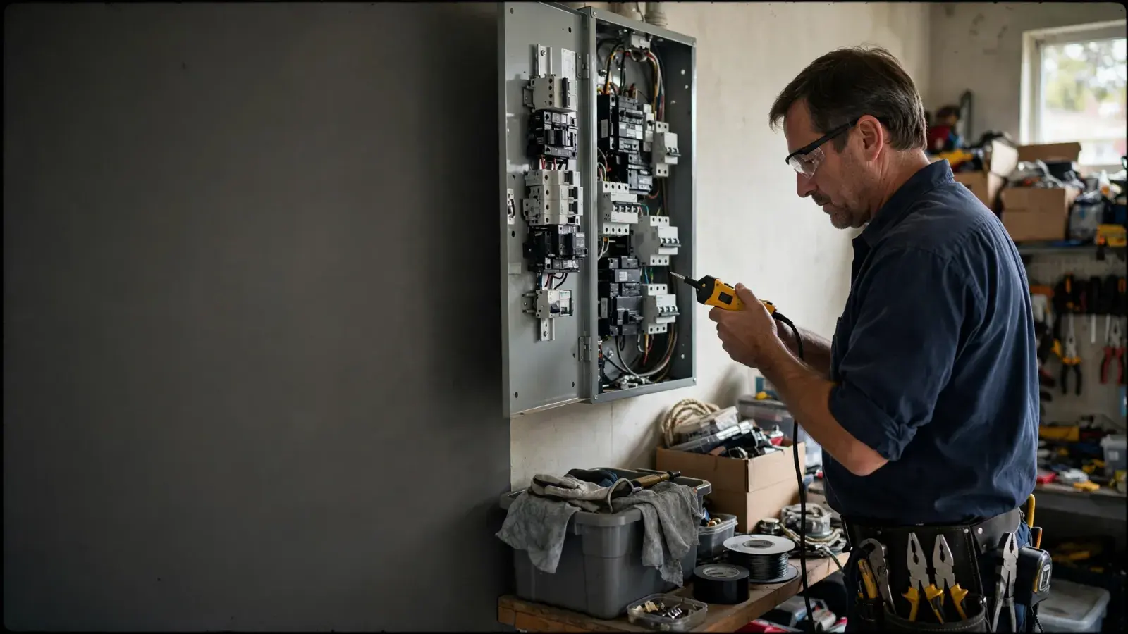 Electrician in a navy work shirt testing equipment in an open panel on a garage wall