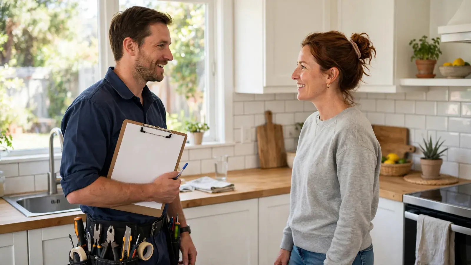 Electrician holding a clipboard and talking with a homeowner in a kitchen