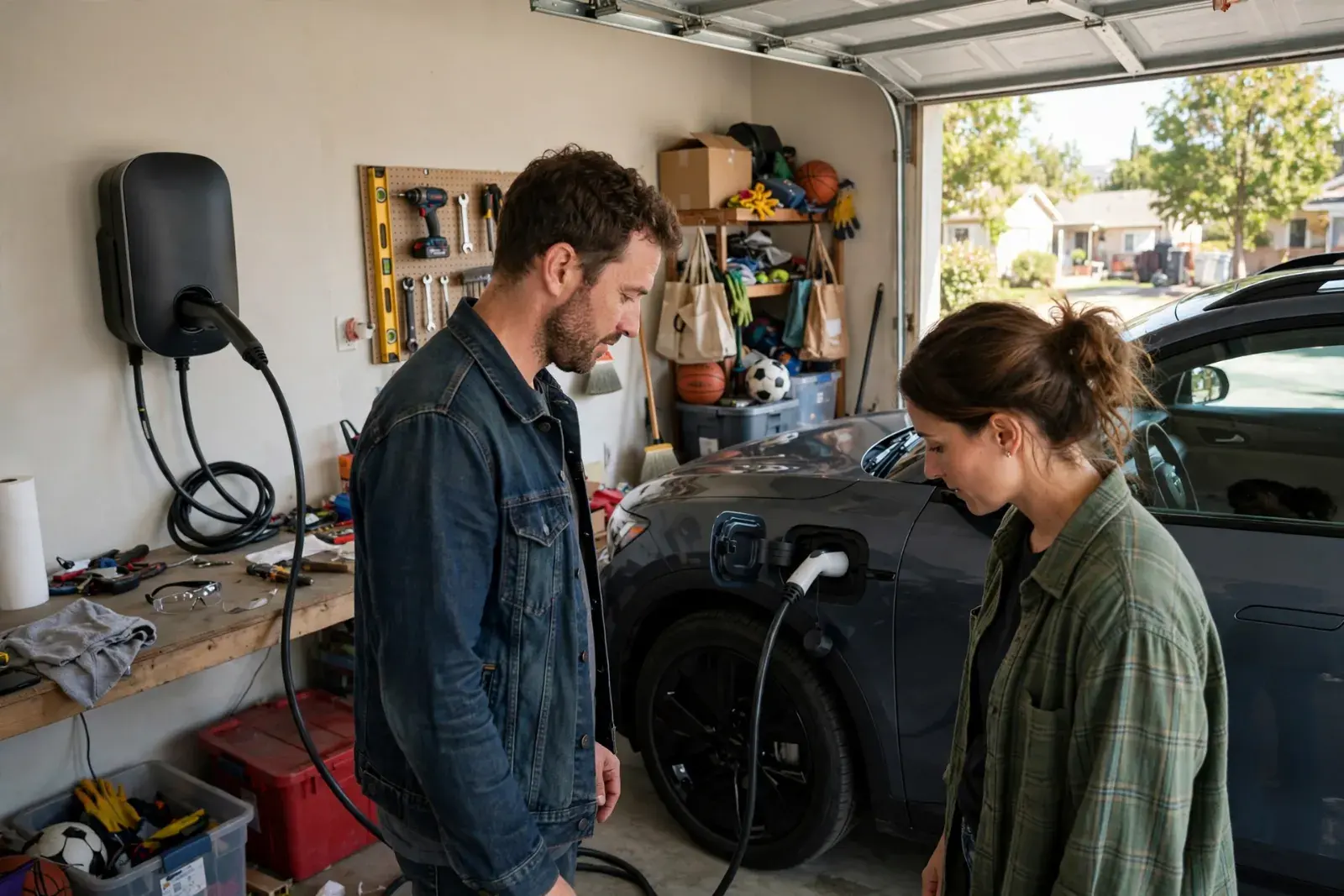 Wall-mounted home EV charger in a garage with its cable plugged into a car while two people look on