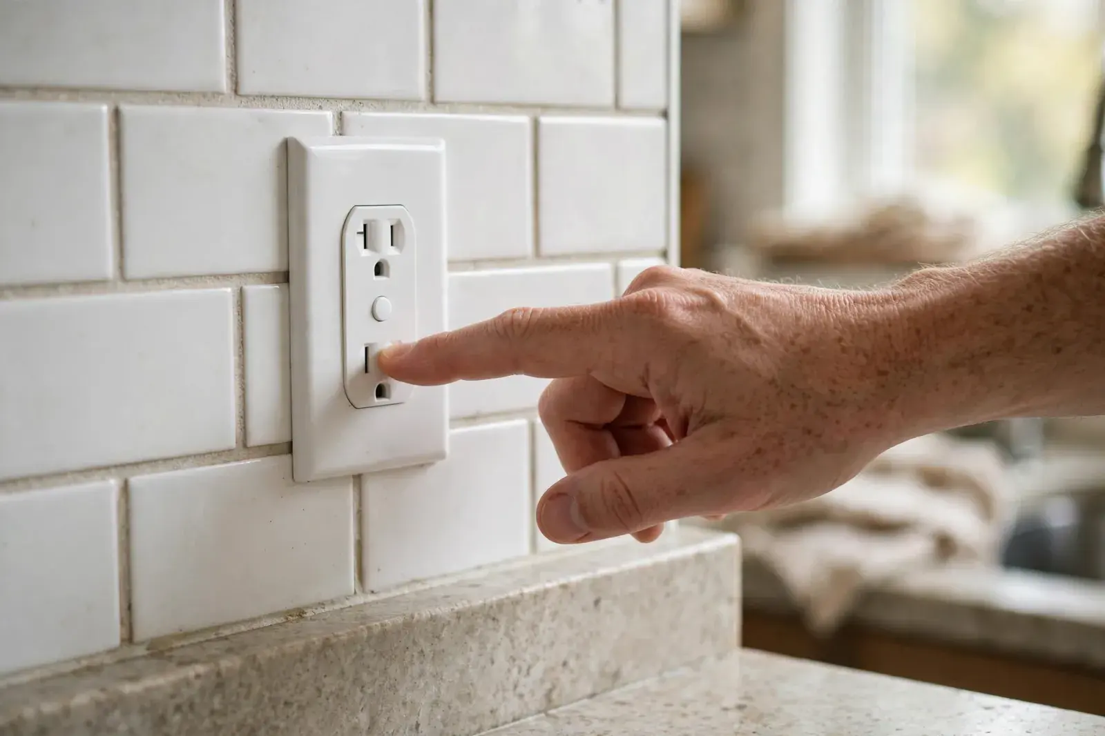 Finger pressing the reset button on a GFCI outlet set in a white tile backsplash
