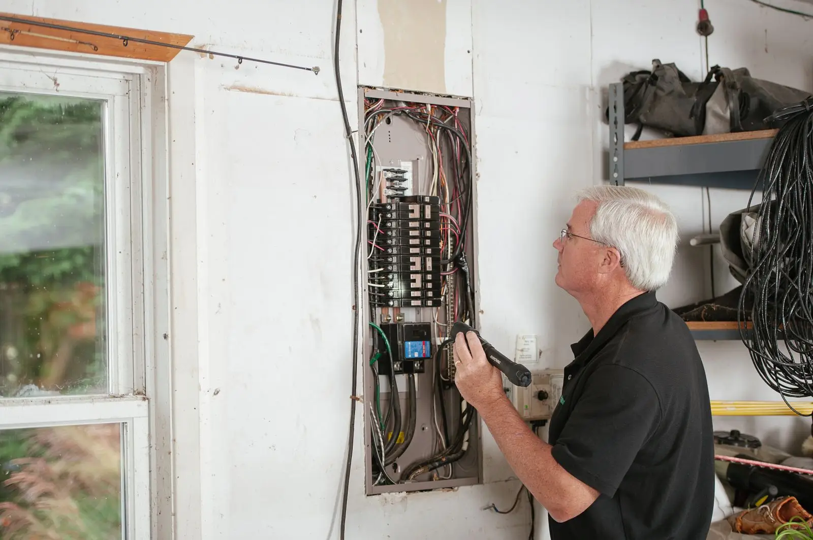 Electrician looking into an open breaker panel mounted on a garage wall