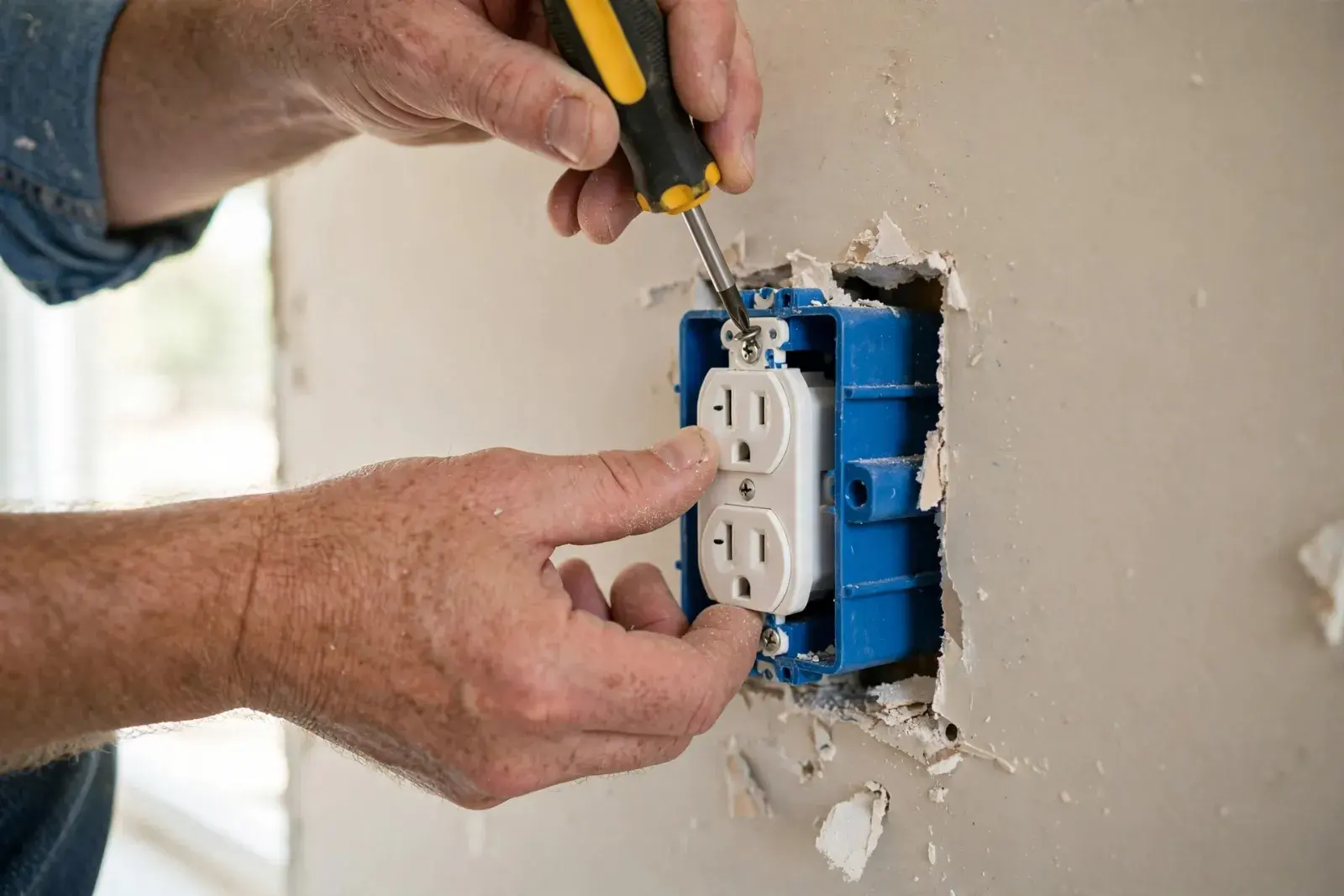 Hands fitting a white duplex receptacle into a blue wall box with a screwdriver