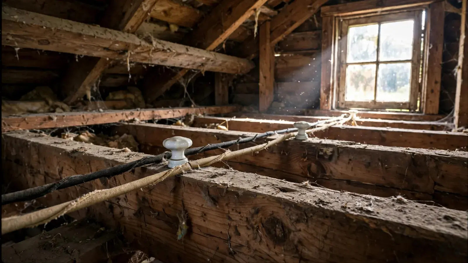 Old cloth-covered wires carried on ceramic knobs across attic joists