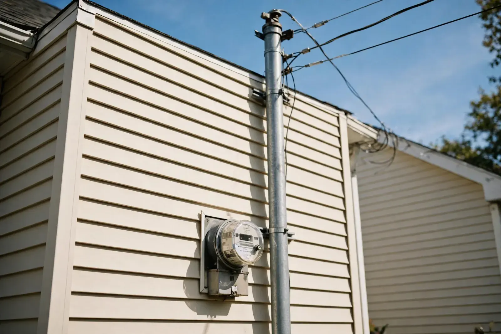 Electric meter and service mast on the siding of a house with overhead wires attached