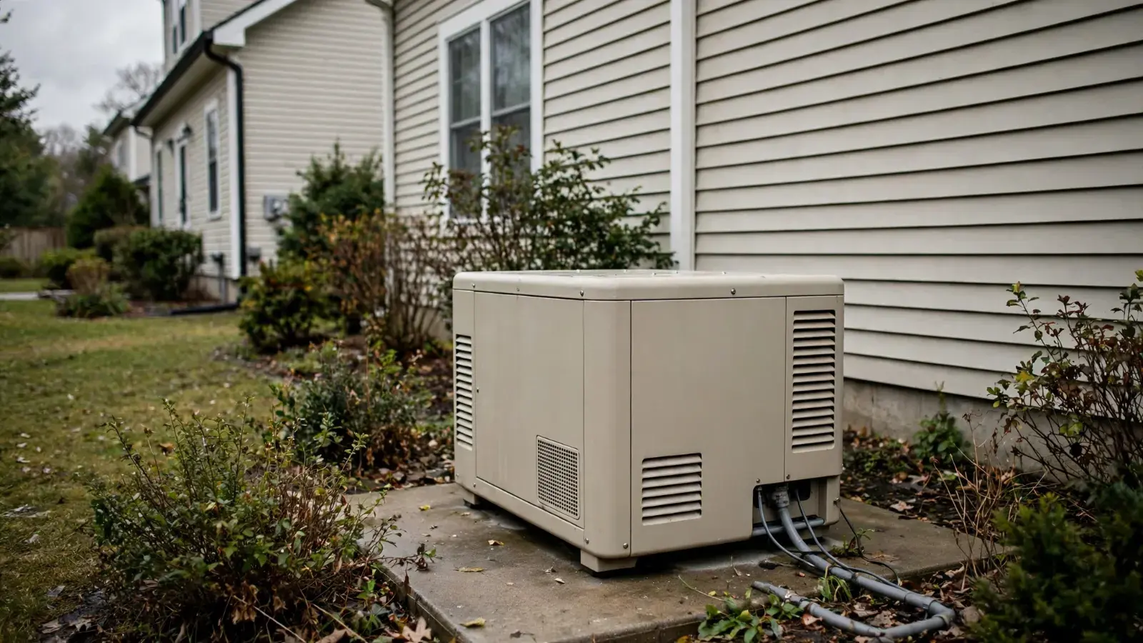 Standby generator on a concrete pad beside a house with gray siding